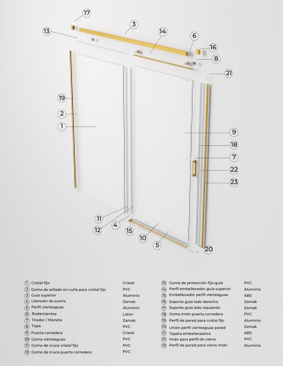 Mampara de ducha frontal Stylo 1 fijo + 1 corredera Oro Cepillado SB_X