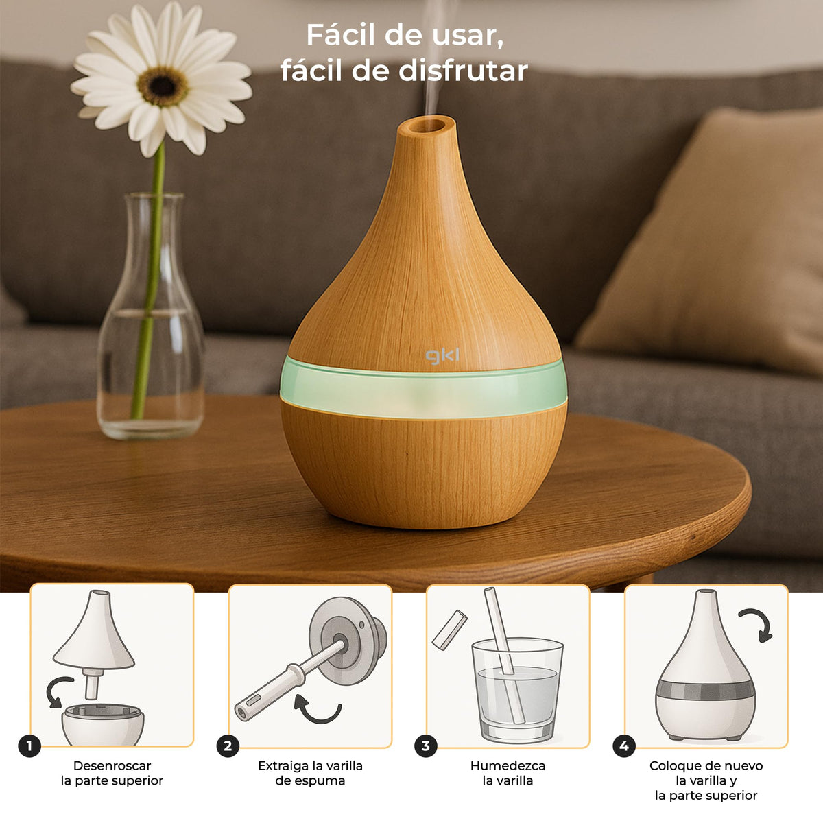Humidificador difusor de aromas 300 ml Grunkel DIF-300M madera