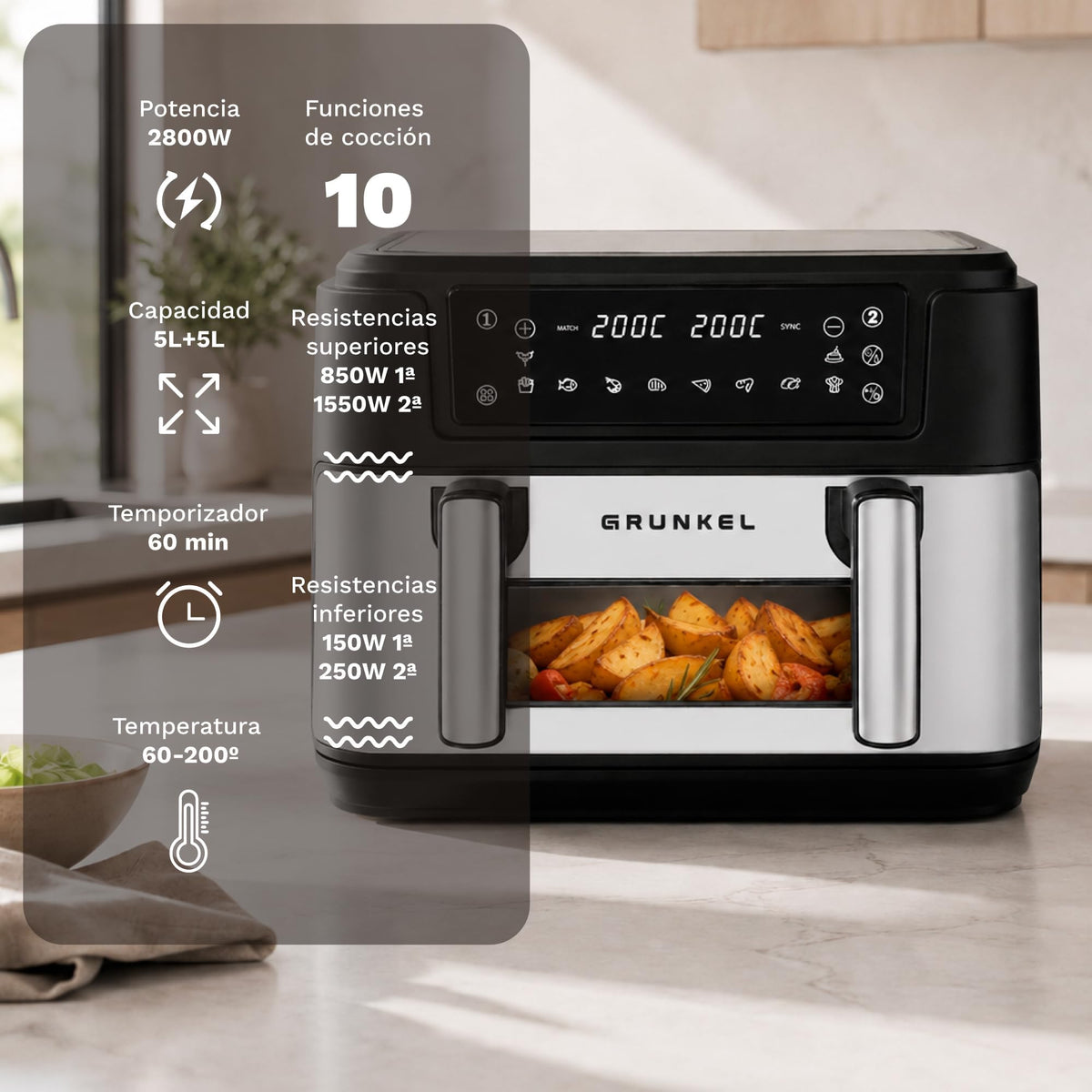 Freidora aire doble cesta 10 L Grunkel DUALFLEXIFRYER