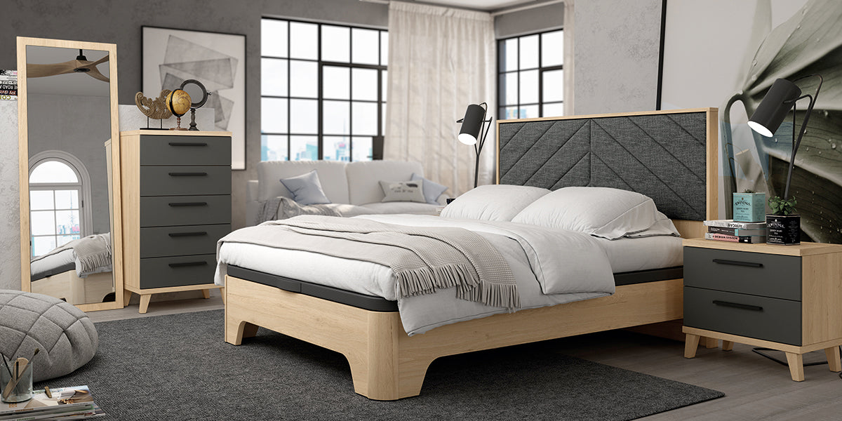 Cabezal HILL tapizado GHIO de Muebles Azor en Roble/Grafito/Tapizado Black (composición 15)