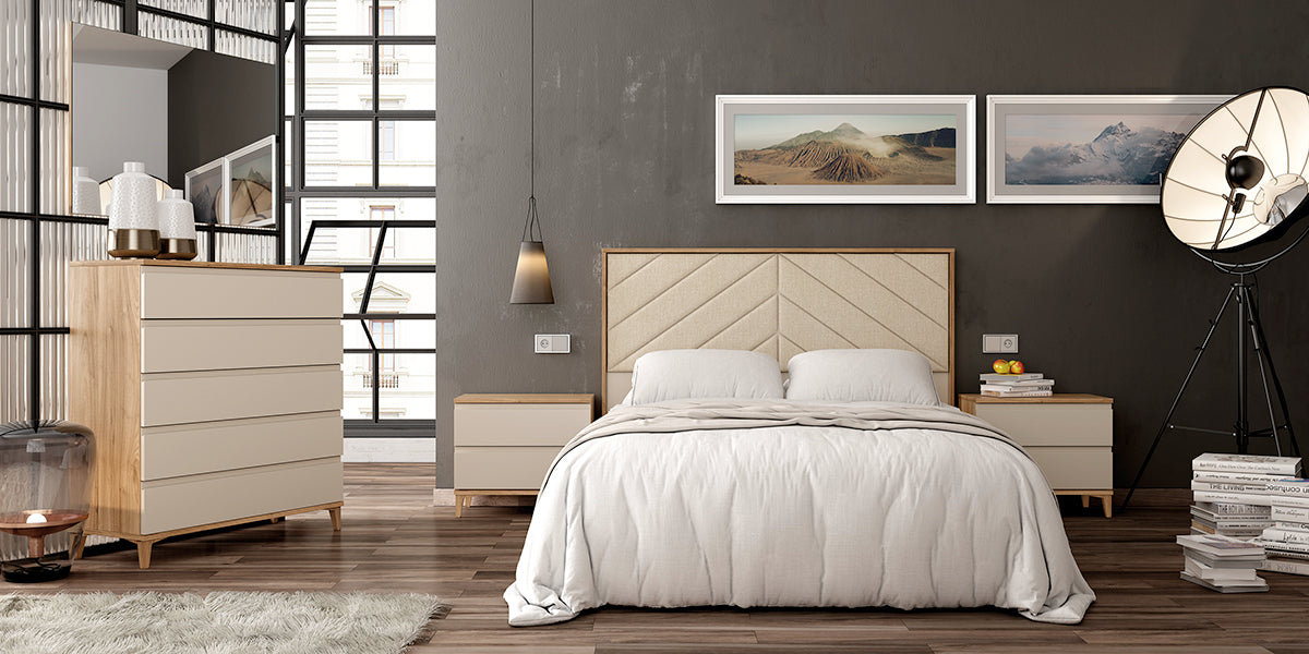 Cabezal HILL tapizado GHIO de Muebles Azor en Nogal/Perla/Tapizado Sand (composición 26)