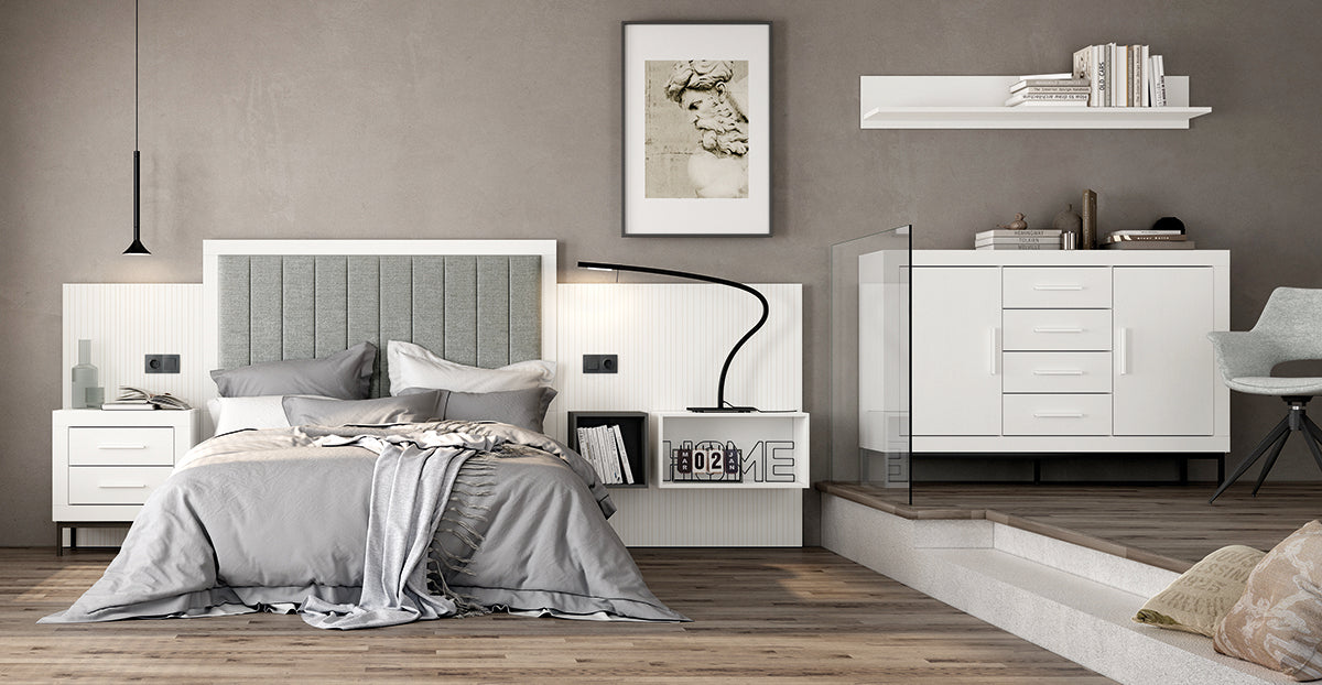 Cabezal LINUS JORDAN evo de Muebles Azor en Soul Blanco/Lined Blanco/Grafito/Textil Humo (composición 4)