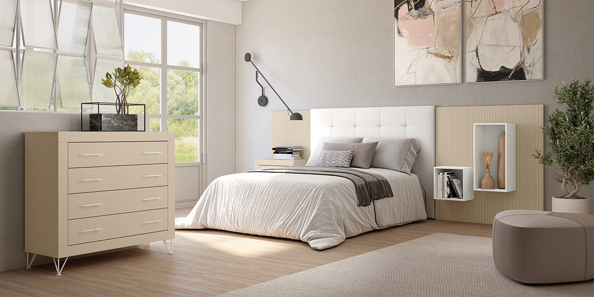 Cabezal ATRIUM JORDAN evo de Muebles Azor en Perla/Lined Perla/Soul Blanco/Polipiel Blanco (composición 17)