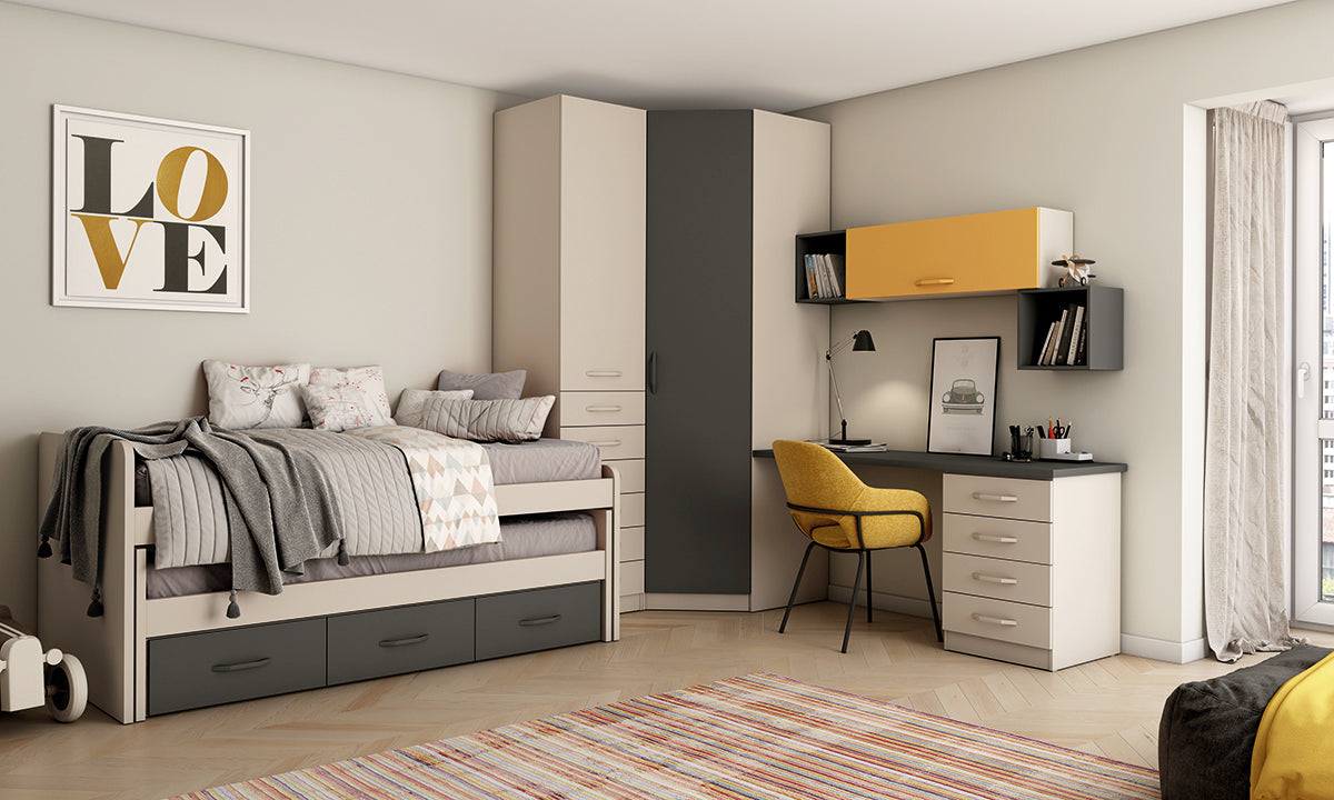 Dormitorio juvenil LIDER go L203 de Muebles Azor con armario rinconero 45º, compatible con estante interior para armario rinconero 45º