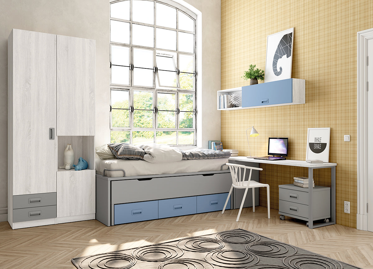 Armario 2 cuerpos (1 puerta y 2 cajones + 2 puertas y hueco) IZQUIERDA alto 218,5 cm de Muebles Azor, colección juvenil LIDER go, en el dormitorio L206
