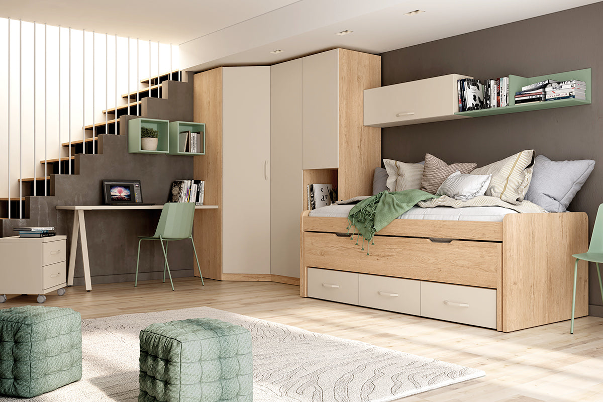Dormitorio juvenil LIDER go L214 de Muebles Azor, ambiente de referencia para estante interior para armario rinconero recto-chaflán