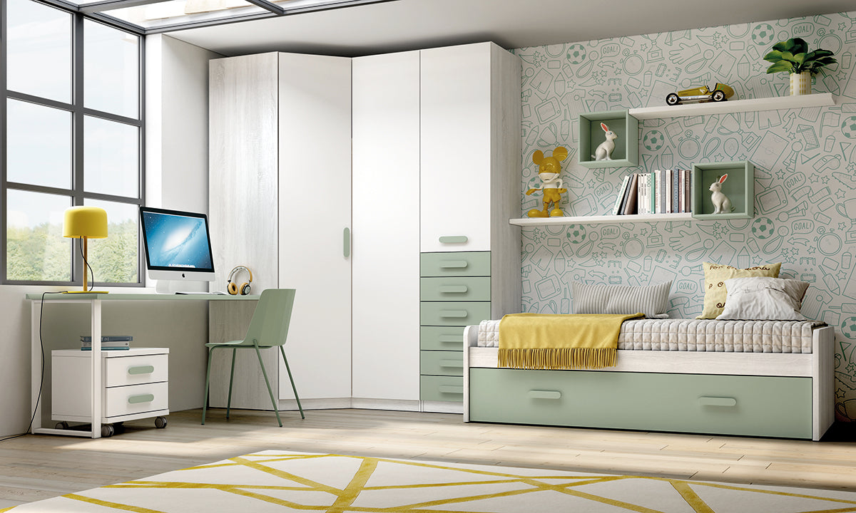 Armario rinconero recto-chaflán DERECHA FUELLE alto 218,5 cm de Muebles Azor, colección juvenil LIDER go, en el dormitorio L221
