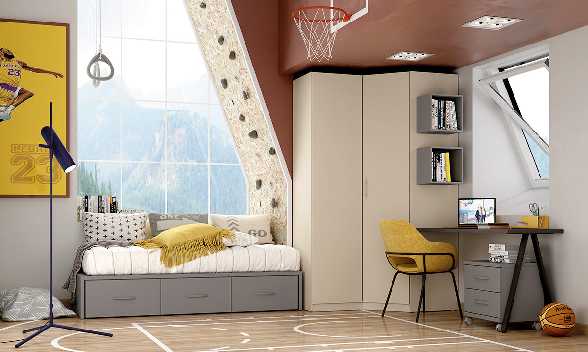 Armario rinconero recto-chaflán IZQUIERDA FUELLE alto 218,5 cm de Muebles Azor, colección juvenil LIDER go, en el dormitorio L225