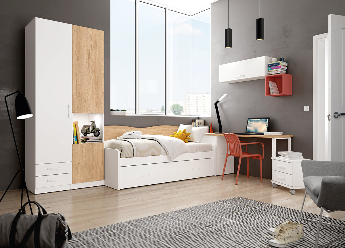 Armario 2 cuerpos (1 puerta y 2 cajones + 2 puertas y hueco) IZQUIERDA alto 218,5 cm de Muebles Azor, colección juvenil LIDER go, en el dormitorio L230