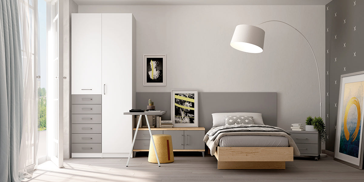 Dormitorio juvenil LIDER go L254 de Muebles Azor, ambiente de referencia para armario (2 cuerpos) 2 puertas + xifonier DERECHA alto 218,5 cm