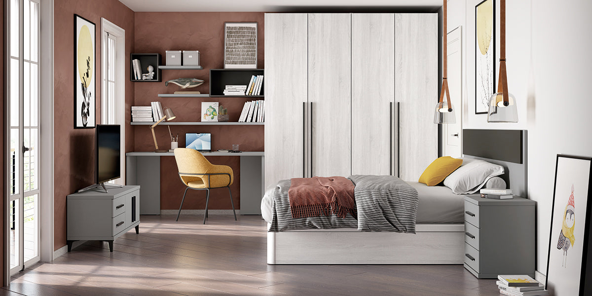 Dormitorio juvenil LIDER go L255 de Muebles Azor, ambiente de referencia para armario 4 puertas y 2 cajones (3 cuerpos) alto 218,5 cm