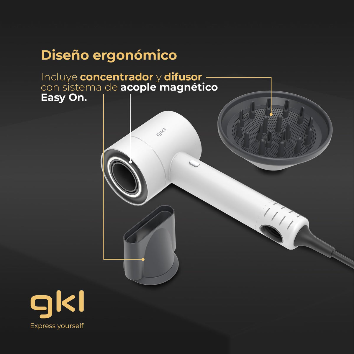 Secador de pelo iónico 1600 W Grunkel PEARLSENSE blanco
