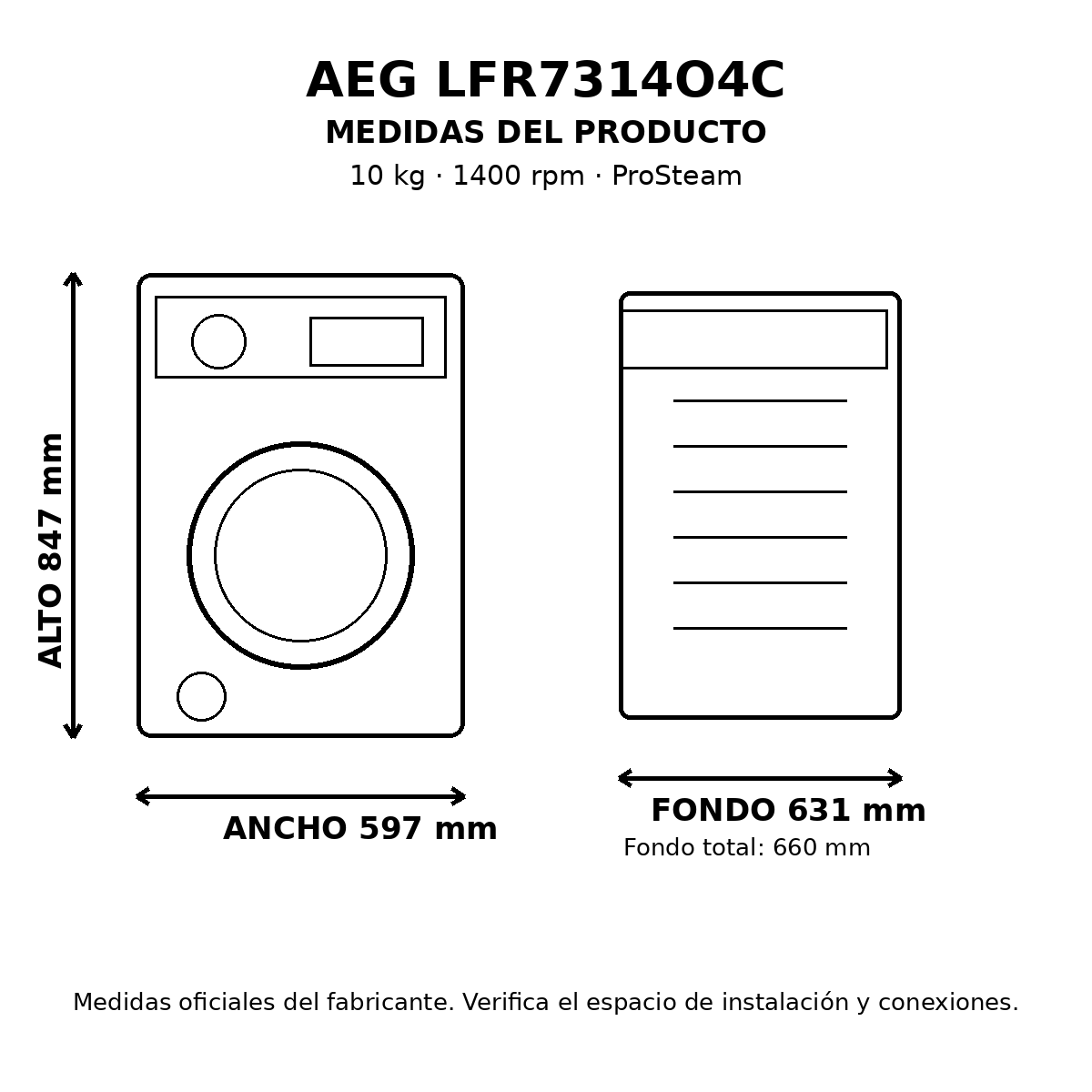 Medidas lavadora AEG LFR7314O4C 10 kg 1400 rpm ProSteam
