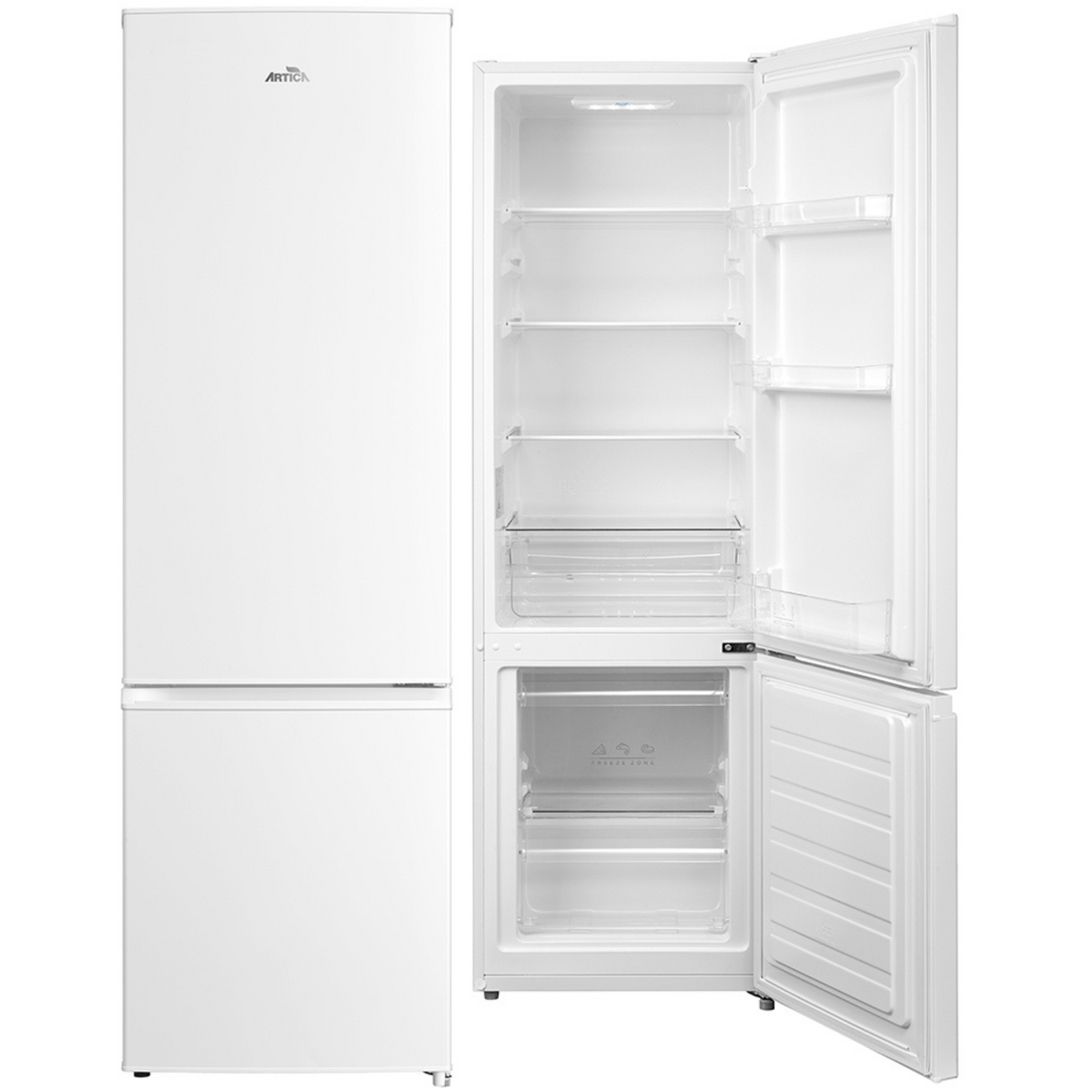 Frigorífico Artica AFFCE180W abierto, interior blanco con frigorífico superior y congelador inferior
