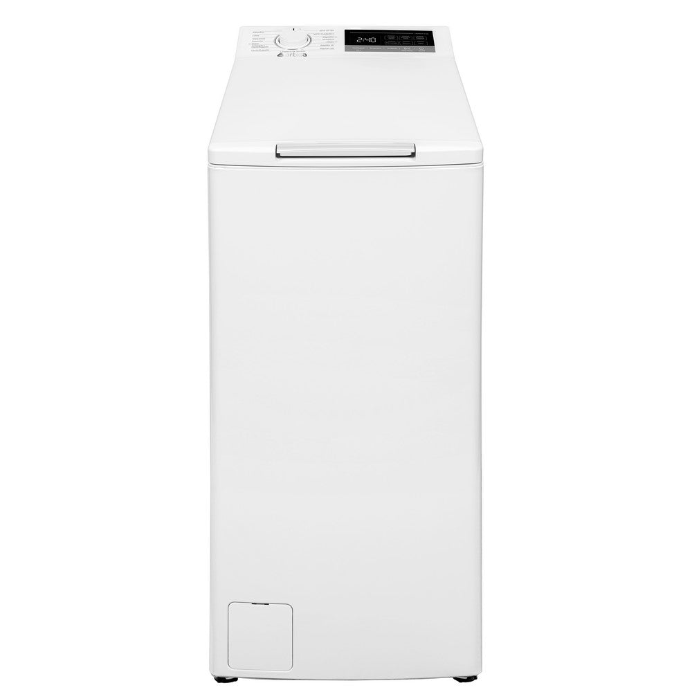 Lavadora Artica AQUAPLUST8AB (AL81300ATB) 8 kg 1300 rpm blanca, carga superior, vista frontal con tapa cerrada