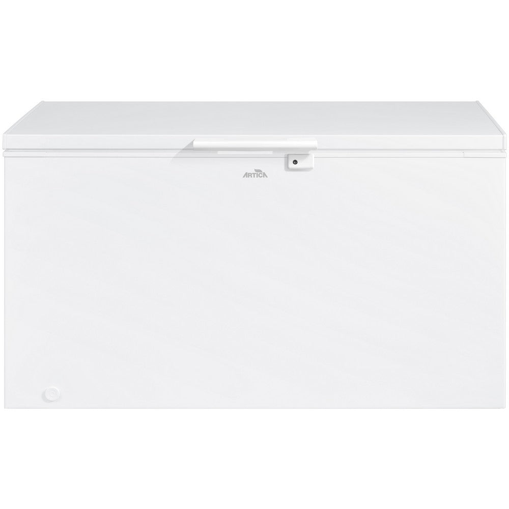 Congelador horizontal Artica FROSTBOX412EB de 412 litros blanco con tapa cerrada, vista frontal