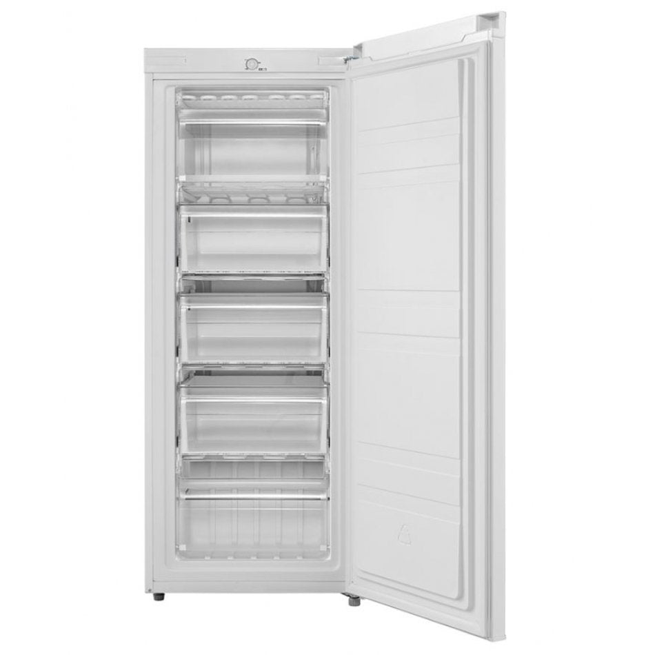 Congelador vertical Artica VERTIFROST157EB con puerta abierta y compartimentos interiores