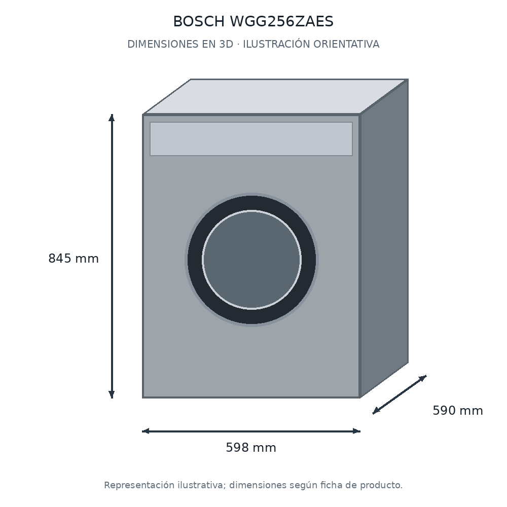 Esquema tridimensional de medidas para BOSCH WGG256ZAES, con ancho, alto y profundidad