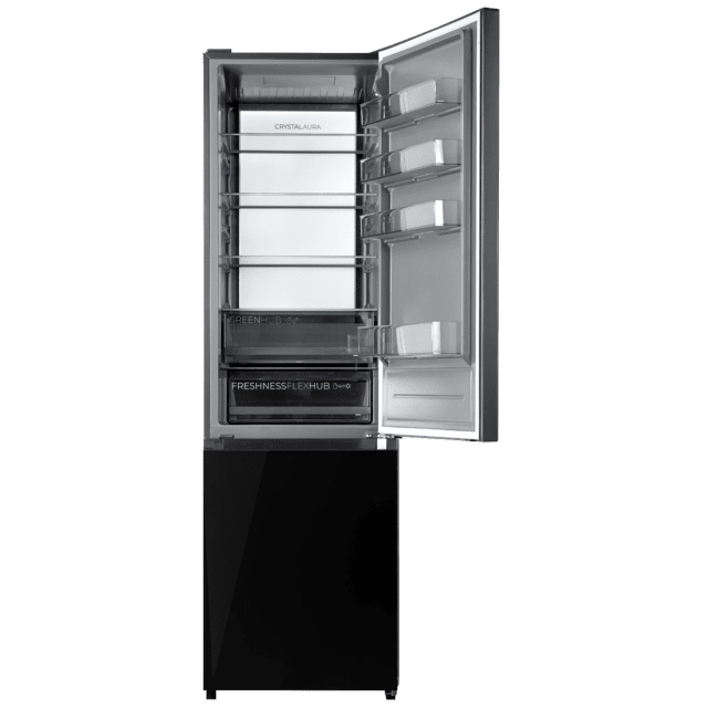 Interior abierto del frigorífico Cecotec Bolero CoolMarket 405 WL Elite Black Glass A, estantes y cajones