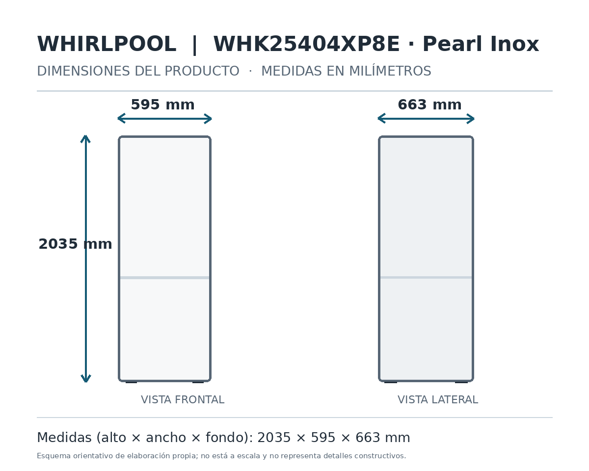 Dimensiones frigorífico Whirlpool WHK25404XP8E: 2035 × 595 × 663 mm. Esquema no a escala.