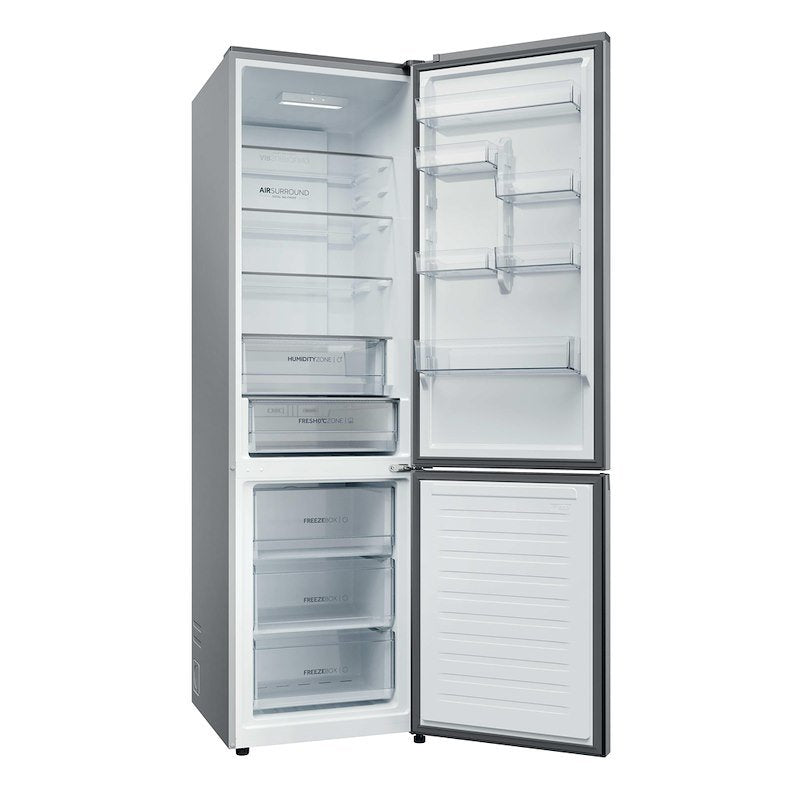 Haier HDPR1620ANPK 409L abierto, estantes de cristal y cajones del frigorífico y congelador