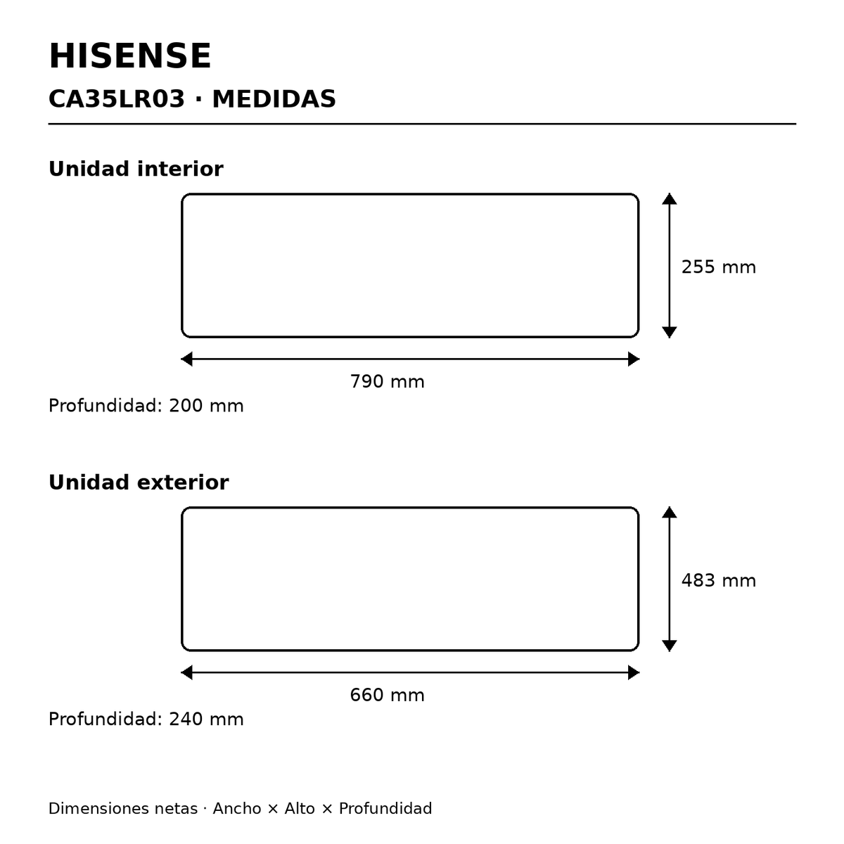 Medidas del aire acondicionado Hisense CA35LR03 – unidad interior y exterior