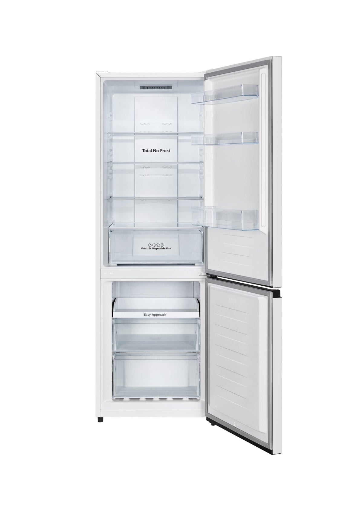 Interior abierto del frigorífico combi Hisense RB372N4AWE blanco Total No Frost con sus estantes y cajones