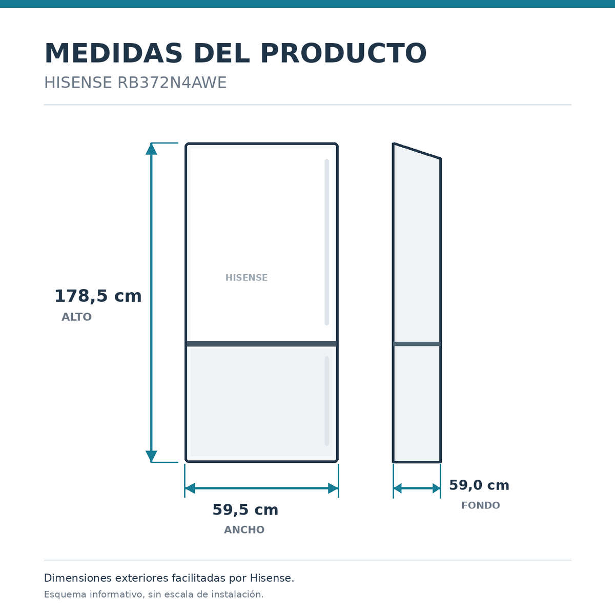 Esquema de medidas Hisense RB372N4AWE: 178,5 cm alto, 59,5 cm ancho y 59 cm fondo