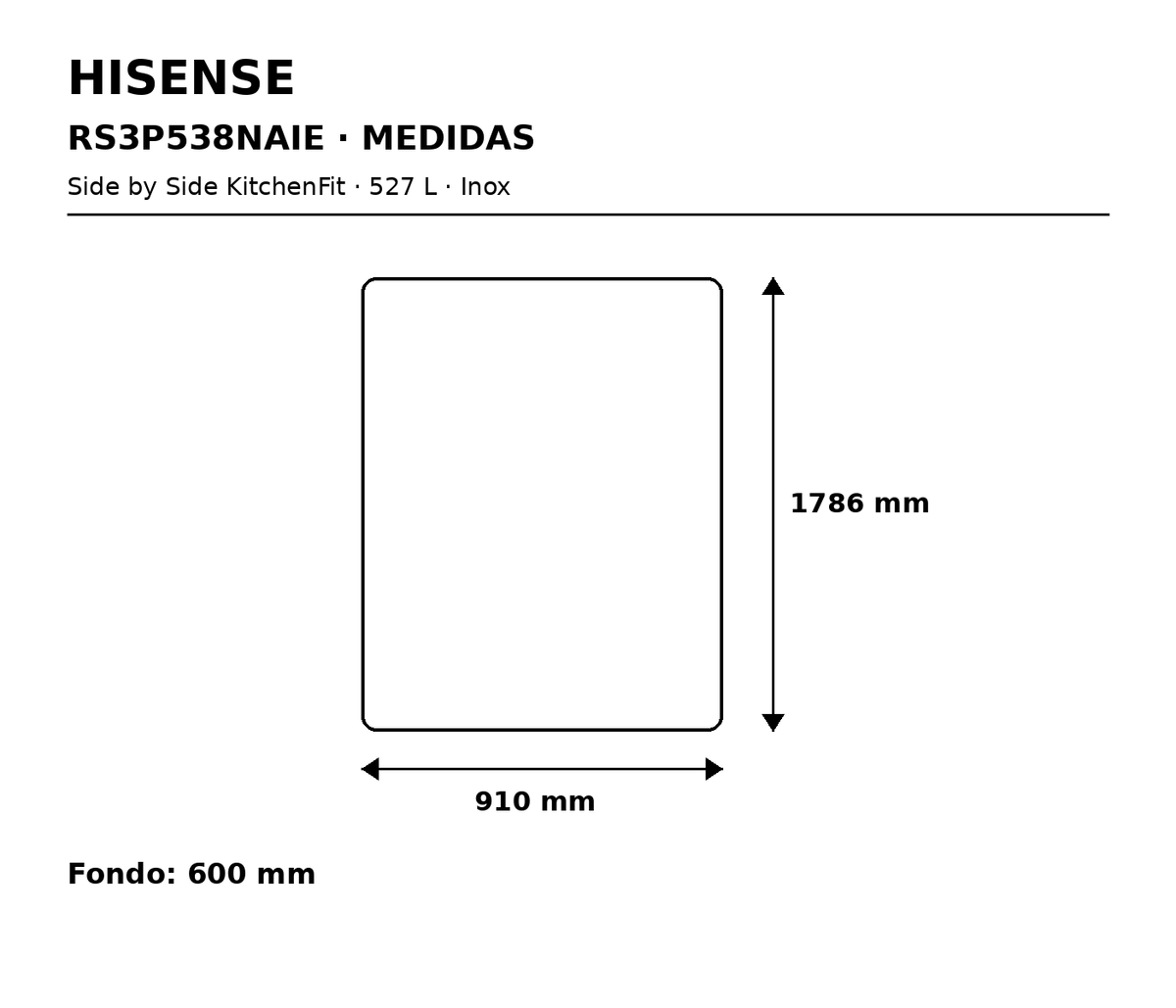 Hisense RS3P538NAIE – medidas 910 × 1786 × 600 mm