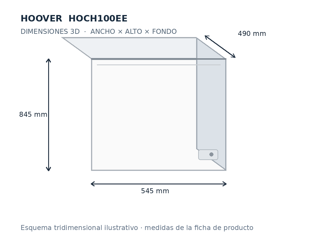 Esquema tridimensional de medidas HOOVER HOCH100EE: ancho, alto y profundidad
