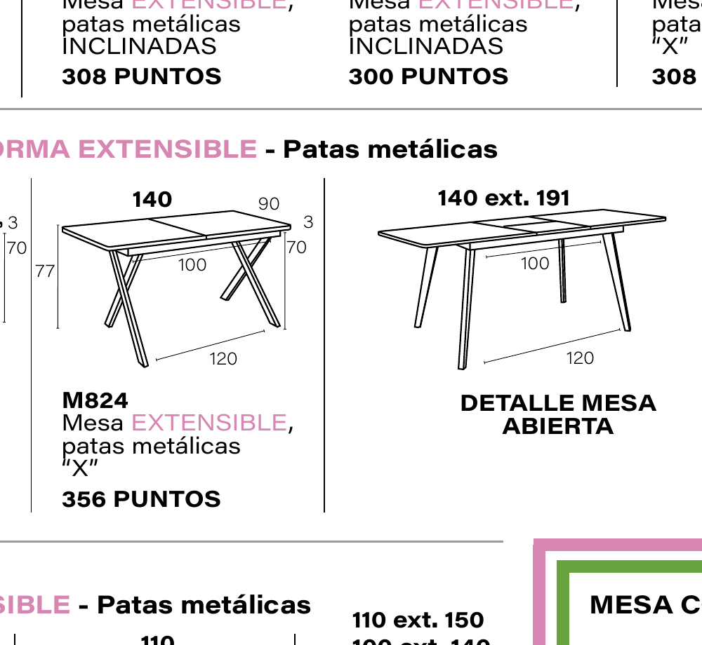 Mesa de comedor extensible M824 de Muebles Ramis con patas metálicas en X, medidas 140 x 90 cm y extensión hasta 191 cm