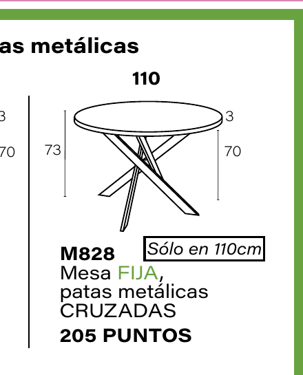 Mesa de comedor redonda fija M828 de Muebles Ramis, diámetro 110 cm y altura 73 cm