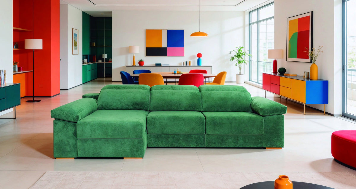 Sofá Olivia de A.V. Sofás con chaise longue en terciopelo verde, en salón colorido y luminoso