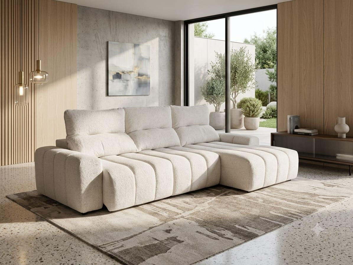 Sofá SOFF de A.V. Sofás con chaise longue, tapizado acanalado en tejido bouclé blanco roto, en salón moderno con ventanal