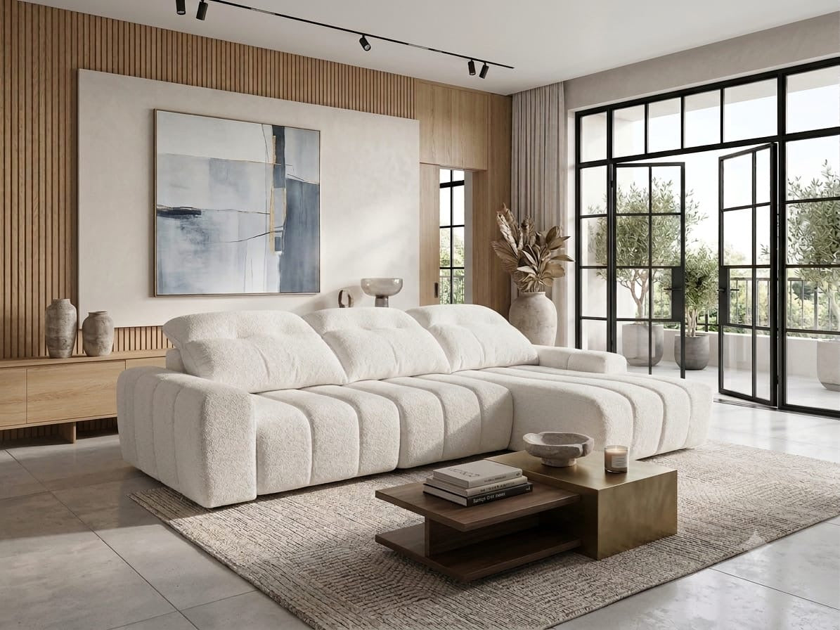Sofá SOFF de A.V. Sofás con chaise longue y cabezales independientes, tapizado bouclé crudo, vista en salón luminoso