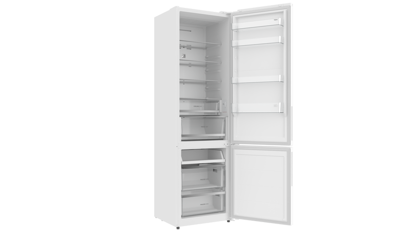 Interior abierto del frigorífico combi Teka RBF 48650 WH blanco con compartimentos y cajones