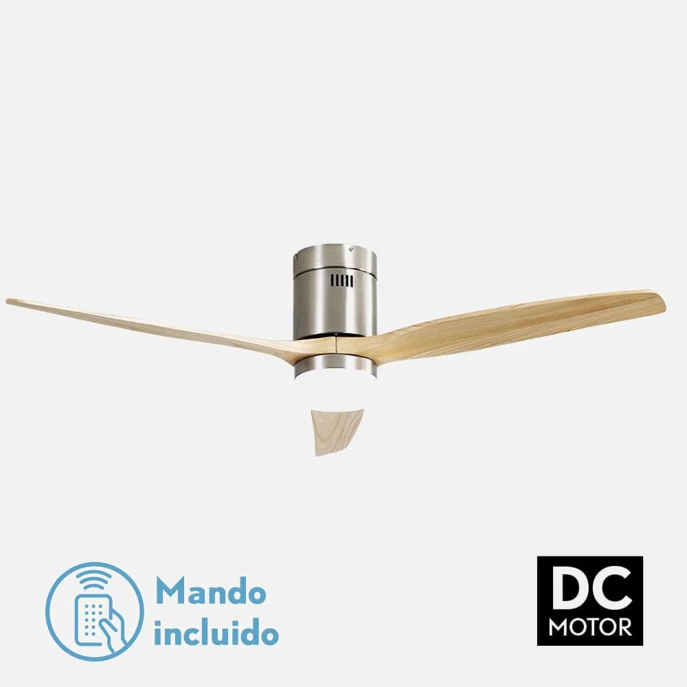 Ventilador de techo DC Aguilón 132 cm con luz LED de FABRILAMP en color níquel/haya – vista de detalle