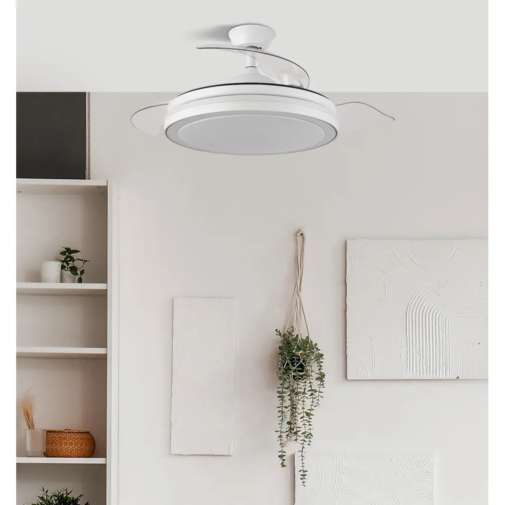 Ventilador de techo DC Esparta 72 cm con aspas retráctiles y luz LED de FABRILAMP en color blanco – vista de detalle