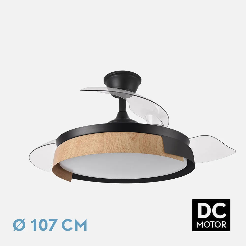 Ventilador de techo DC Provenza 107 cm con aspas retráctiles y luz LED de FABRILAMP en color negro/haya – vista de detalle
