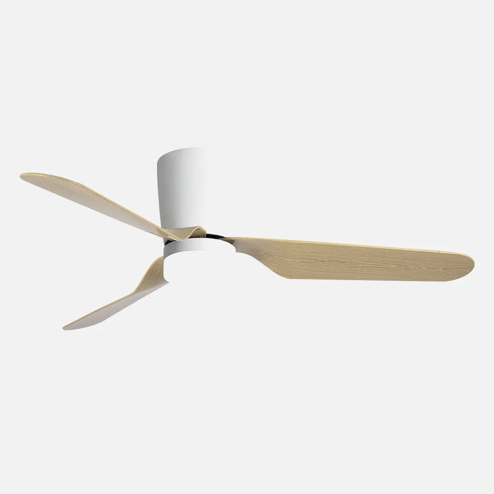 Ventilador de techo DC Kochi 132 cm con luz LED de FABRILAMP en color blanco/haya – vista de detalle
