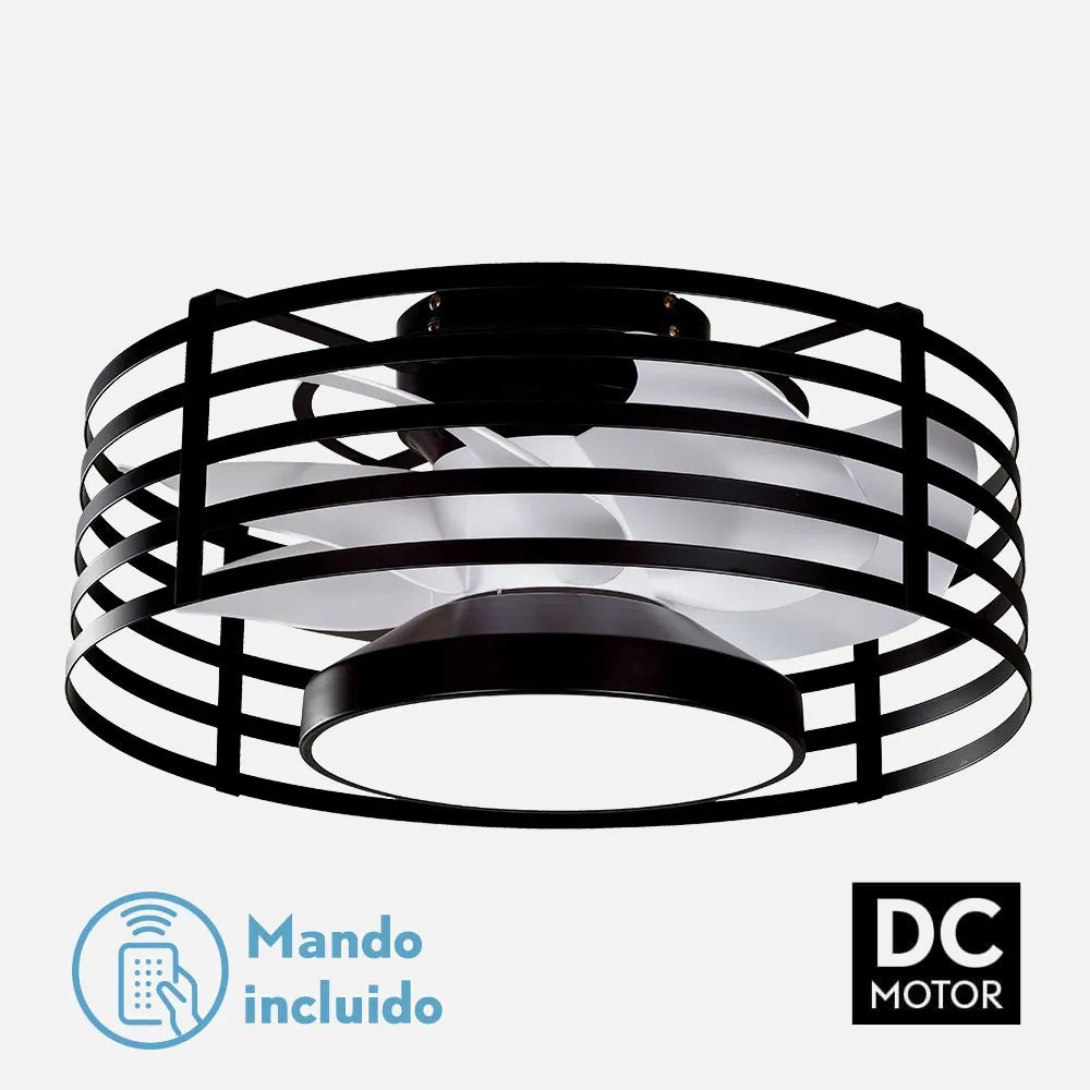 Ventilador de techo tipo plafón DC Xaloc 57 cm con luz LED de FABRILAMP en color negro/blanco – vista de detalle