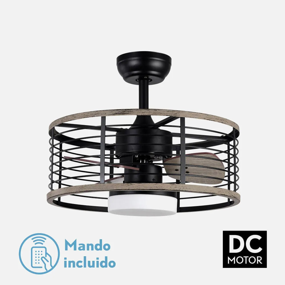 Ventilador de techo tipo plafón DC Pella 50 cm con luz LED de FABRILAMP en color negro/madera – vista de detalle