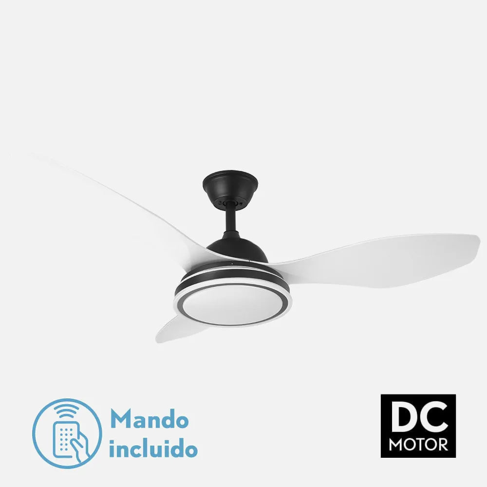 Ventilador de techo DC Datoo 122 cm con luz LED de FABRILAMP en color negro/blanco – vista de detalle