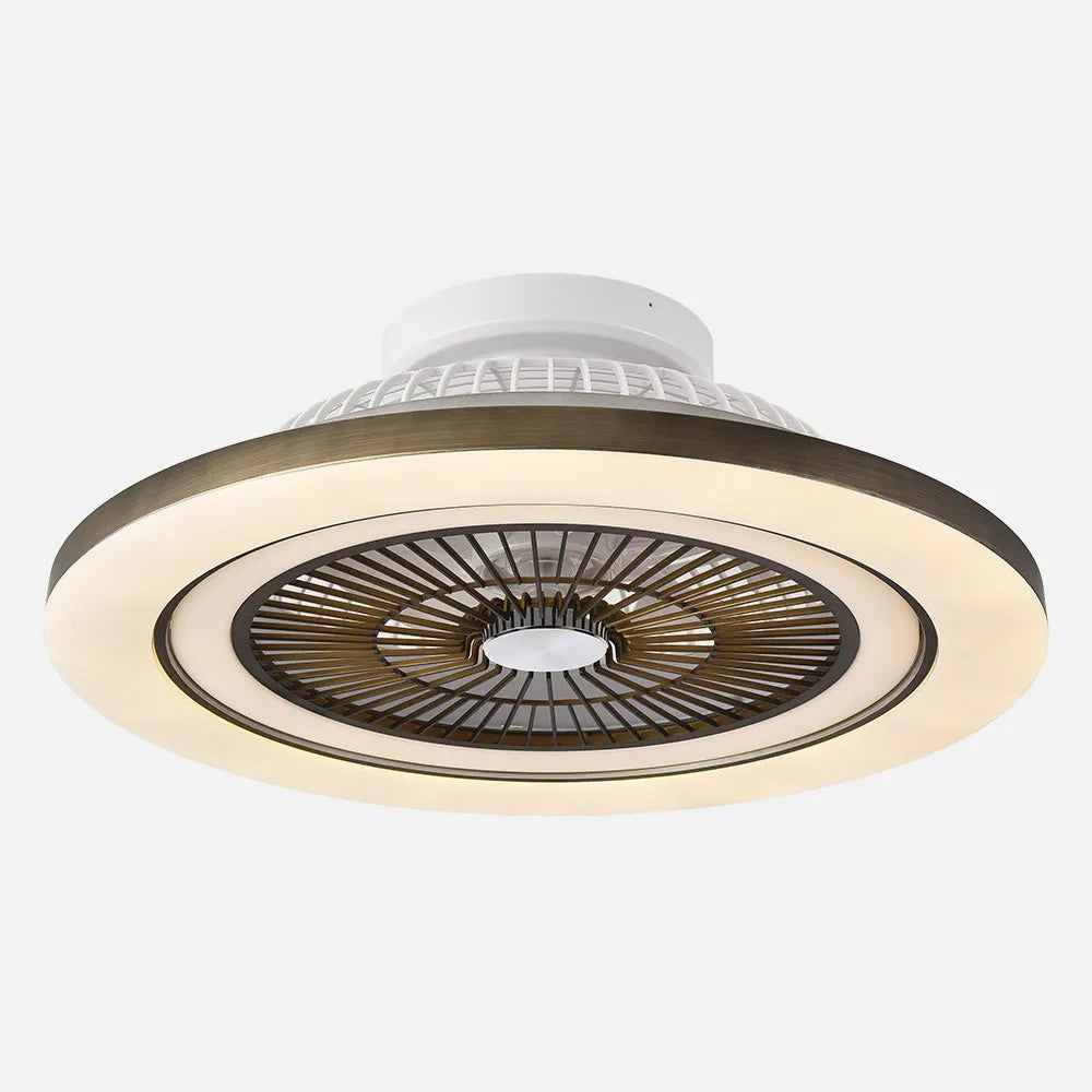 Ventilador de techo tipo plafón DC Mato 58 cm con luz LED de FABRILAMP en color cuero – vista de detalle
