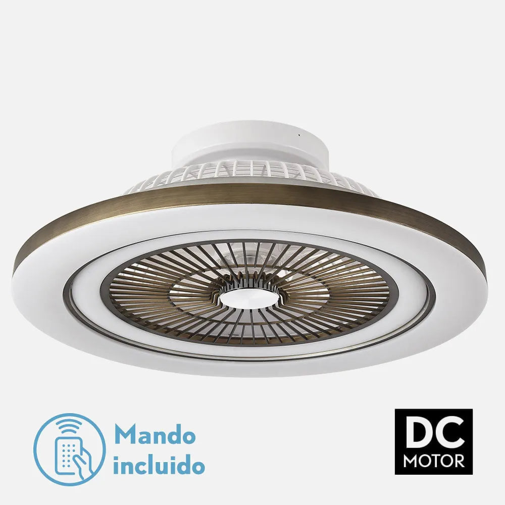 Ventilador de techo tipo plafón DC Mato 58 cm con luz LED de FABRILAMP en color cuero – vista de detalle