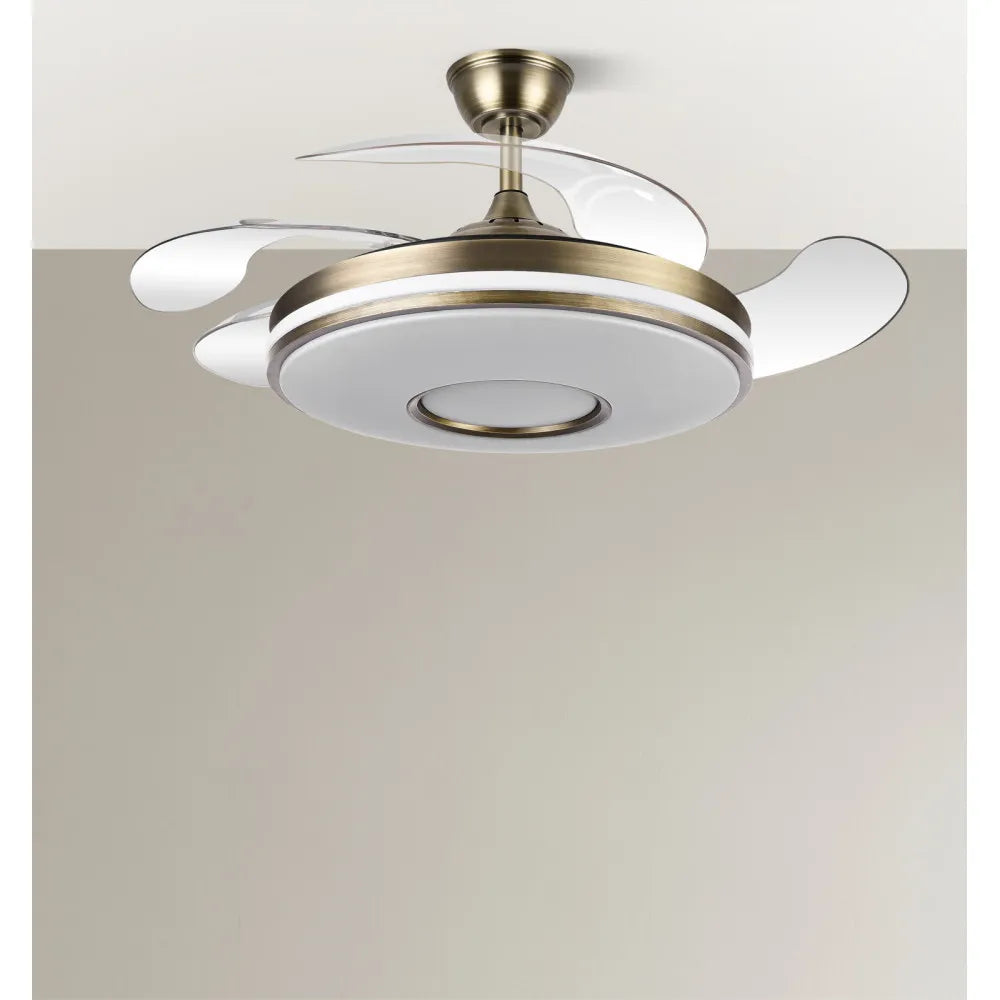 Ventilador de techo DC Dani 106 cm con aspas retráctiles y luz LED de FABRILAMP en color cuero – vista de detalle