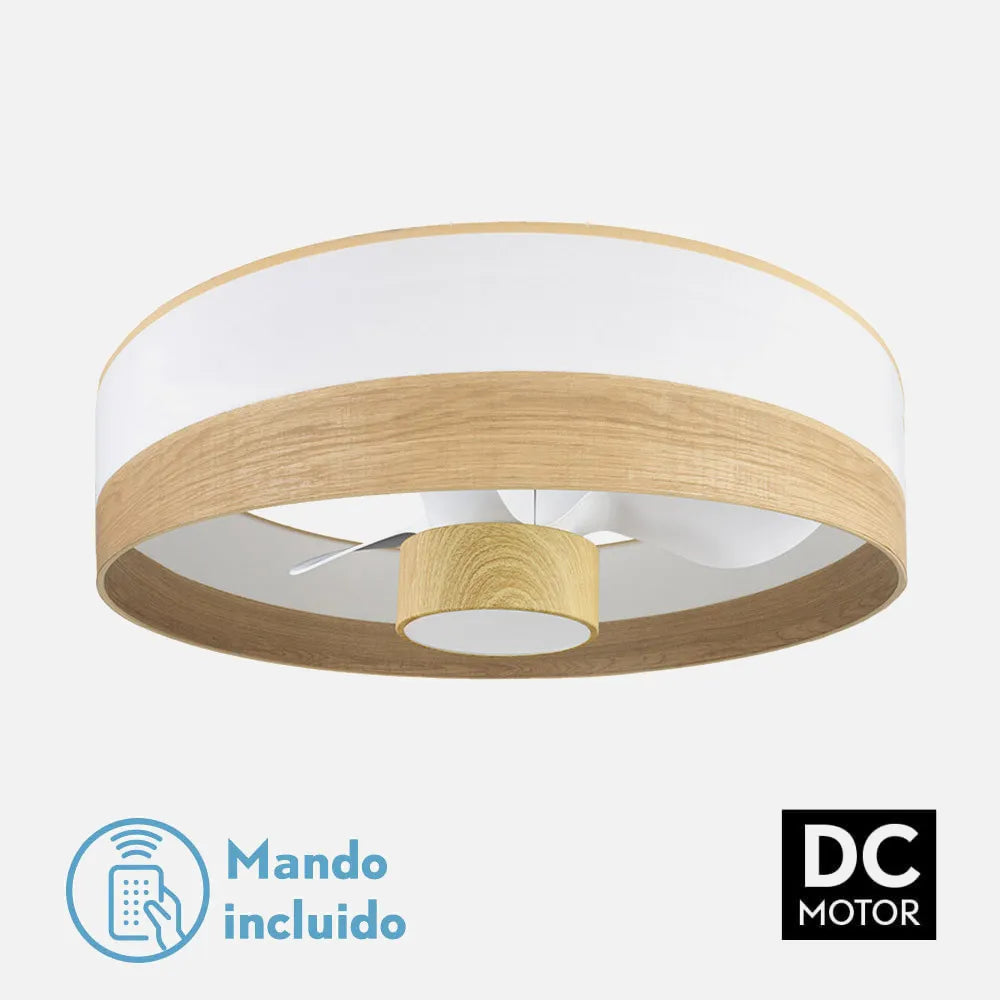 Ventilador de techo tipo plafón DC Olga 70 cm con luz LED de FABRILAMP en color blanco/madera clara-haya – vista de detalle
