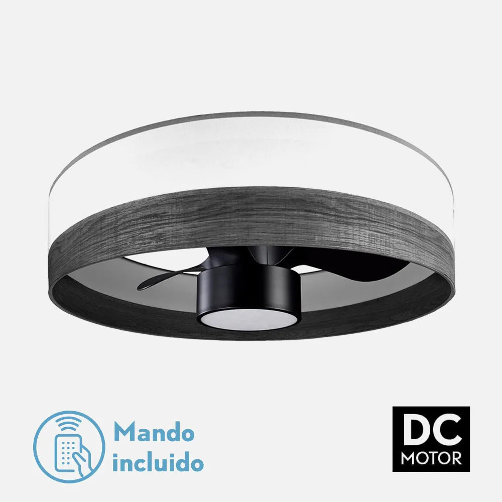 Ventilador de techo tipo plafón DC Olga 70 cm con luz LED de FABRILAMP en color blanco/madera negra-negro – vista de detalle