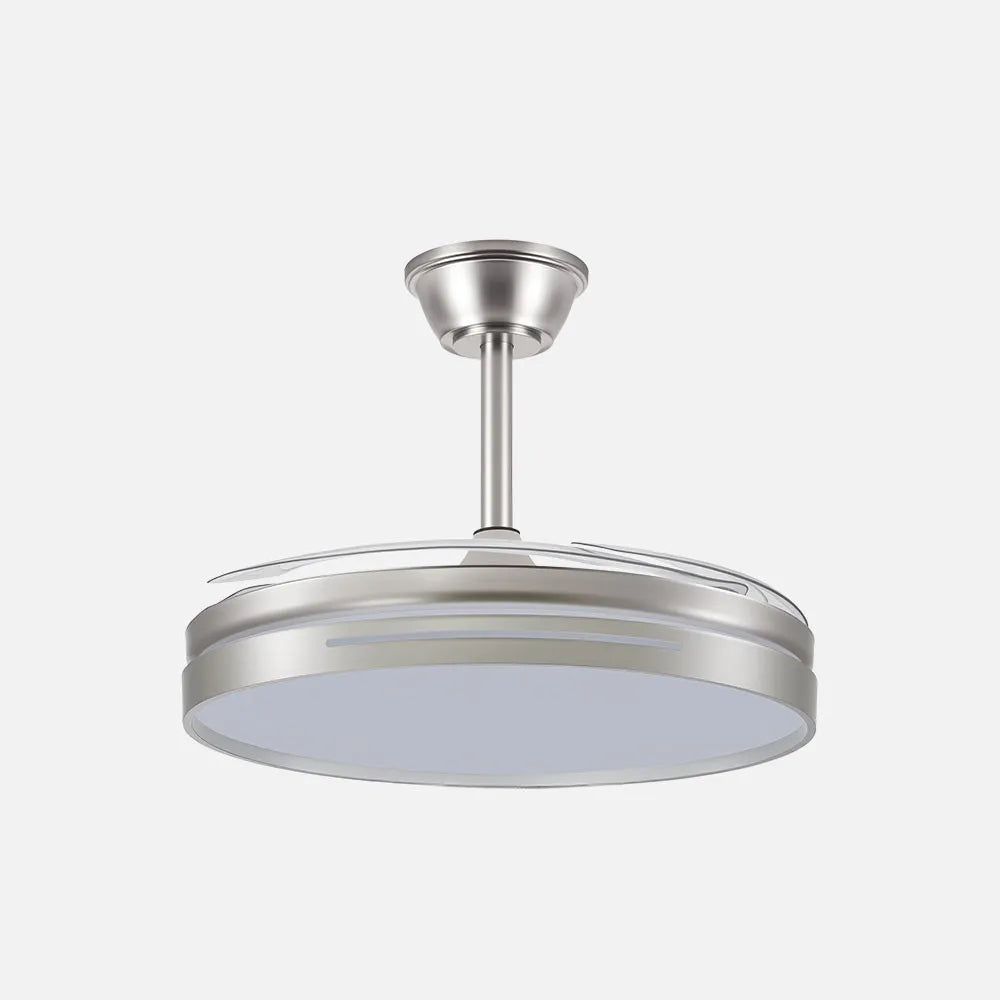 Ventilador de techo DC Micenas 106 cm con aspas retráctiles y luz LED de FABRILAMP en color níquel – vista de detalle