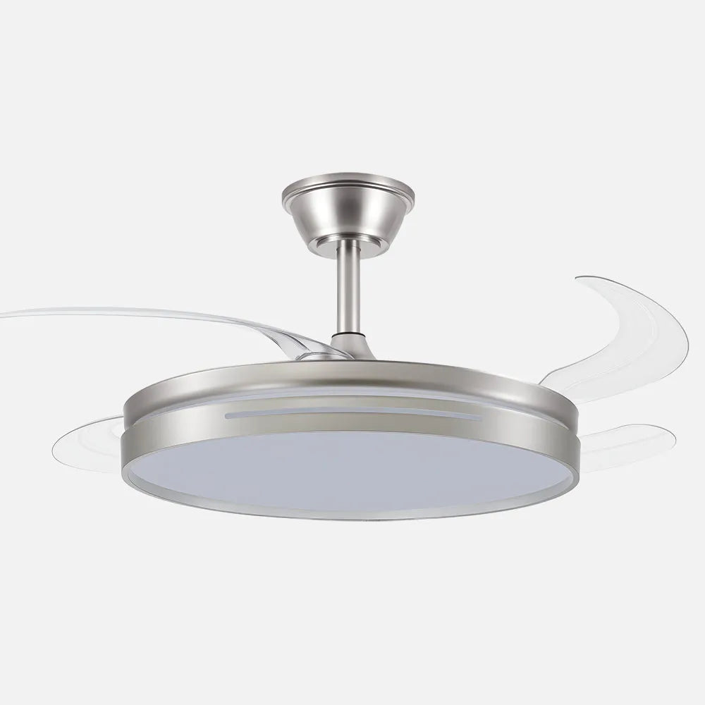 Ventilador de techo DC Micenas 106 cm con aspas retráctiles y luz LED de FABRILAMP en color níquel